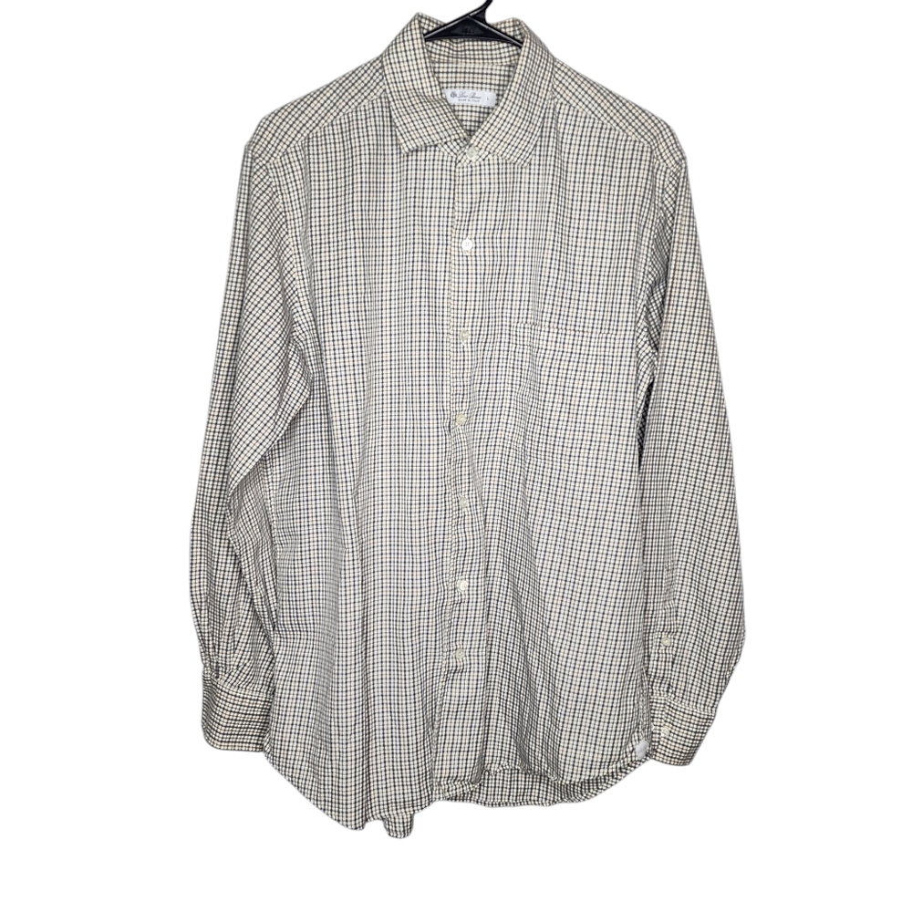 Loro Piana Mens Large Long Sleeve Shirt Cotton White Blue Plaid Button Down